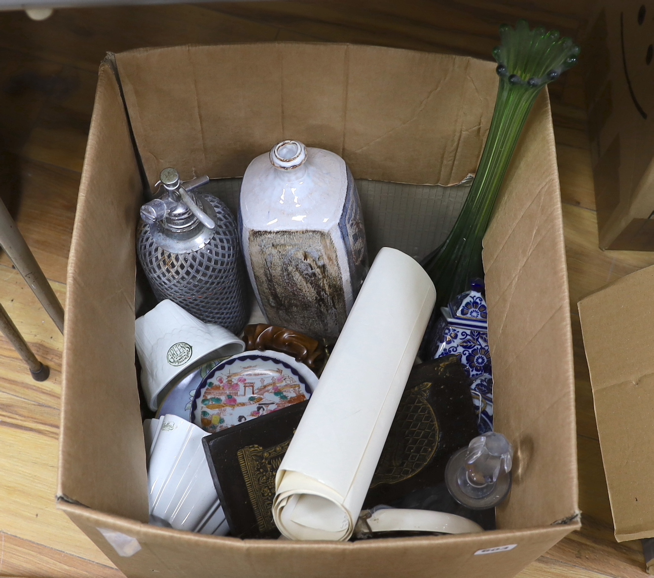 A soda syphon, a large glazed pottery vase, a collection of litho designs for posters, mixed china and two jelly moulds etc